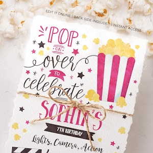 Hot Pink Movie Night Geburtstagseinladung, INSTANT DOWNLOAD, EDITIERBARE Corjl Kino Party Mädchen Einladung digitale Popcorn Digitale Einladung #504