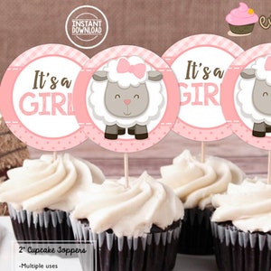 INSTANT DOWNLOAD - Little Lamb Baby Shower Cupcake Toppers - Pink Sheep decorations Pink lamb baby shower