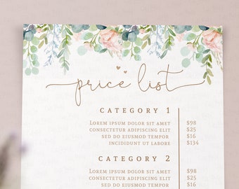 Greenery Price List Template editable, INSTANT DOWNLOAD Printable Price Sheet, Guide, Custom Pricing Menu, Corjl Editable Pricing List BU003