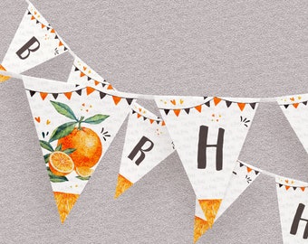 May include: A printable orange and white happy birthday banner with a cute orange illustration. The banner is made up of triangular flags with black and white polka dots and orange accents. The text on the banner reads "Happy Birthday".