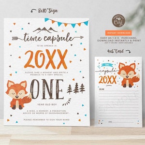 Renard premier anniversaire temps Capsule carte, décor d’anniversaire Woodland Fox, prédictions & souvenirs bébé souvenir 18e anniversaire 458 TÉLÉCHARGEMENT INSTANTANÉ