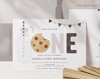 May include: A printable invitation for a first birthday party with a cookie and milk theme. The invitation features a cookie with a bite taken out of it, a glass bottle with a straw, and the words "What fun to be one". The invitation also includes the text "Daniel's First Birthday" and the date and time of the party.