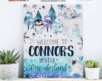 May include: Printable 8x10 inch winter wonderland party sign with a blue, white, and gray color scheme. The sign features a polar bear, penguin, and seal with snowflakes and the text "Welcome to Connor's Winter One-derland".