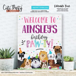 INSTANT DOWNLOAD EDITABLE girl Puppy Birthday welcome sign Pets birthday printable sign Pink purple aqua Puppy decorations Doggy Paw-ty 468