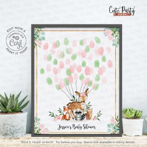Woodland Girl Baby Shower Fingerprint Guest Book (Editable, Instant Download)