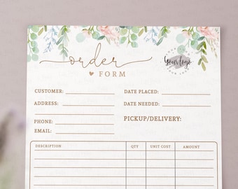 Greenery Order Form Template editable, INSTANT DOWNLOAD Printable Small business custom order form download, Corjl Editable Order Form BU003