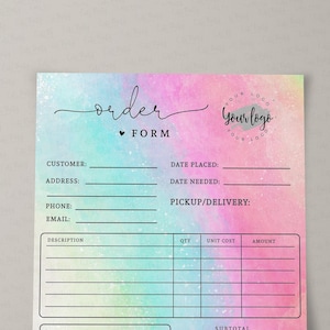 Aquarell Regenbogen Bestellformular Vorlage, SOFORTIGER DOWNLOAD, druckbare bearbeitbare Kleinunternehmen benutzerdefinierte Bestellformular herunterladen, Corjl BU020 Billing