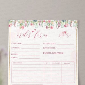 Greenery Pink und Gold Floral Bestellformular Vorlage editierbar, SOFORTIGER DOWNLOAD Printable Small Business benutzerdefinierte Bestellformular Download Corjl BU021