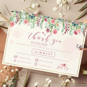 Greenery Pink and Gold Floral Thank you for your order insert card editable template, INSTANT DOWNLOAD, Coupon card, Corjl 4x6&quot;card BU021