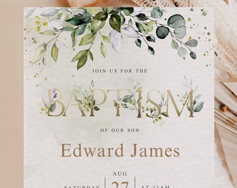 Eucalyptus Baptism Invitation Template: Bohemian Gold (Digital Download)