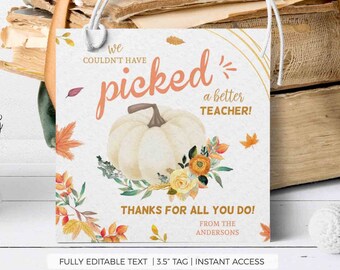 Thanksgiving Teacher Gift Tag, Fall Pumpkin Design (Instant Download)