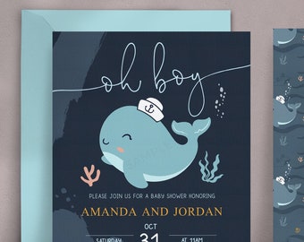 INSTANT DOWNLOAD, Whale Baby Shower invitation, Under the Sea baby boy shower, Summer Nautical blue baby shower corjl Editable invite 240