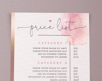 Pink Price List Template editable, INSTANT DOWNLOAD, Printable Price Sheet, Guide, Custom Pricing Menu, Corjl Pink gold Pricing List BU004