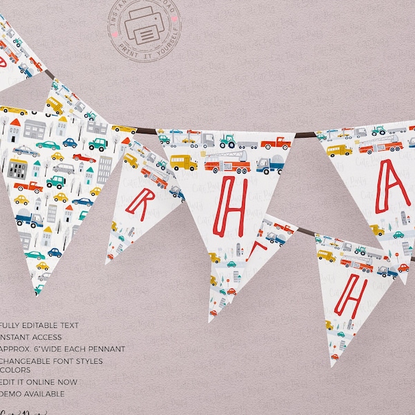 Editable Transportation Birthday Wall Banner, Printable truck car birthday theme , INSTANT DOWNLOAD,City Transportation Pennant banner #509