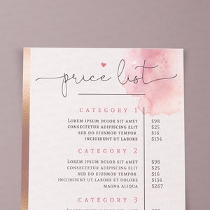 Plantilla de lista de precios rosa editable, DESCARGA INSTANTE, Hoja de precios imprimible, Guía, Menú de precios personalizado, Lista de precios de oro rosa Corjl BU004