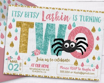 Convite de 2º aniversário da Aranha Itsy Bitsy: Rosa, Azul-petróleo e Dourado (Download digital)