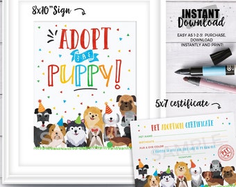 INSTANT DOWNLOAD - Adopt a Puppy Sign Pet adoption party Adopt a Puppy certificate Puppy Birthday Party Puppy Dog Adoption Digital download