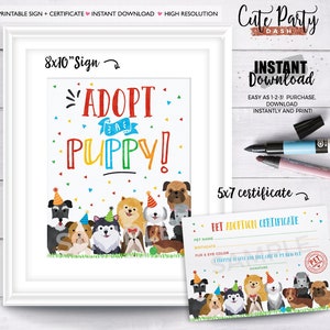 INSTANT DOWNLOAD - Adopt a Puppy Sign Pet adoption party Adopt a Puppy certificate Puppy Birthday Party Puppy Dog Adoption Digital download