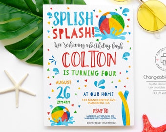 May include: A colourful birthday invitation for a boy's 4th birthday party. The invitation features a beach theme with a beach ball, water, and a pool float. The text on the invitation reads "Splish Splash! We're having a birthday bash Colton is turning four. August 26, 2PM-4PM at our home 123 Manchester Ave Placentia CA. RSVP to Marsha at 555-1234 or marshasmith@gmail.com. Don't forget your towel!"