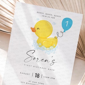 Rubber Duckie birthday Party invitation Yellow Rubber duck, INSTANT DOWNLOAD Printable blue yellow Duck First Birthday editable invite 429