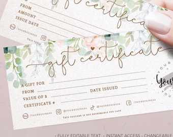 Greenery Gift Certificate editable template, INSTANT DOWNLOAD, Add your logo, Greenery Gift Card Corjl Printable Editable Gift Voucher BU003