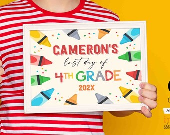 May include: A white frame with a colorful crayon design and the text "CAMERON'S last day of 4TH GRADE 202X". A boy is holding the frame and giving a thumbs up.