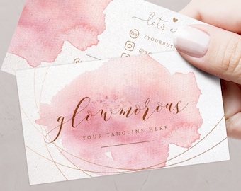 Business card template, Editable watercolor pink and gold business card feminine template INSTANT DOWNLOAD DIY Modern business card BU006