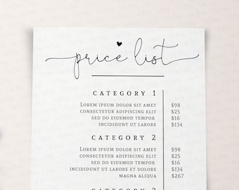 Price List Template editable, INSTANT DOWNLOAD, Printable Price Sheet, Price Guide, Custom Pricing Menu, Corjl Editable Pricing List BU001