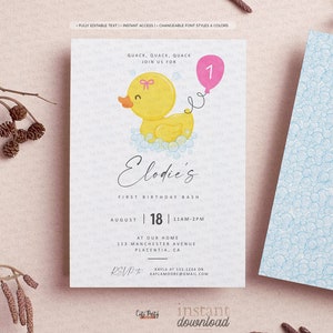 Rubber Ducky Girl birthday Party invitation, INSTANT DOWNLOAD EDITABLE Yellow Pink Rubber duck corjl invitation girly duckie invite 428