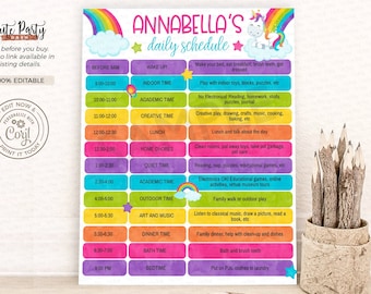 Programma giornaliero modificabile con unicorno: pianificatore per la scuola domestica arcobaleno (download immediato)