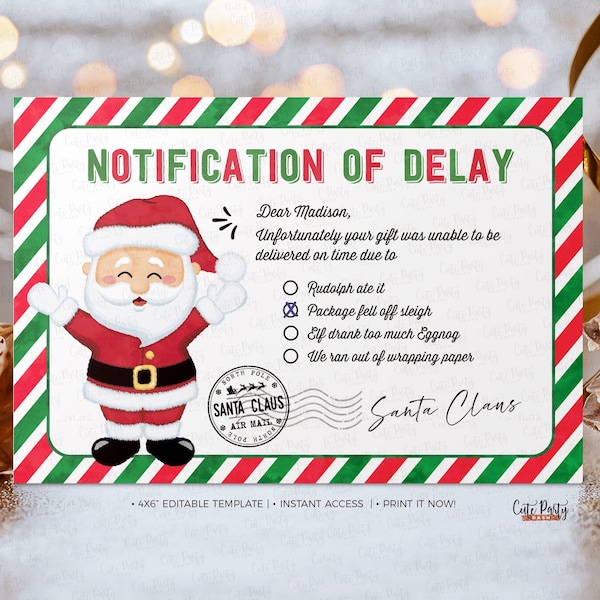 EDITABLE Christmas Gift Delay Notification,  Funny late gift excuse, Printable Late Christmas Present notification kids INSTANT DOWNLOAD 600