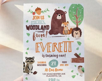 EDITABLE Woodland Birthday invitation, Forest Animals Woodland Party invite, Corjl invitation Digital Party animals Fox 486 INSTANT DOWNLOAD