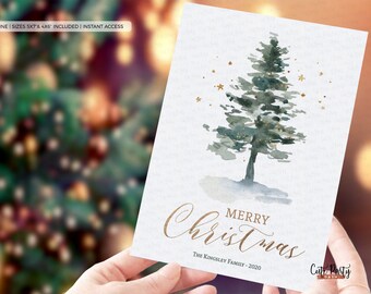 Modèle de carte imprimable de Noël aquarelle, carte de voeux arbre de Noël scandinave, carte de joyeux Noël, téléchargement instantané modifiable C011