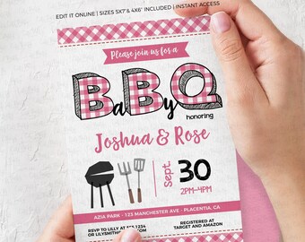 Invitación de barbacoa para baby shower: Barbacoa rosa, plantilla editable (descarga digital)