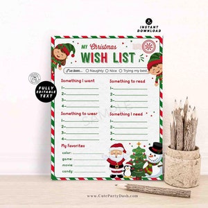 EDITABLE Christmas Wish List for kids Printable INSTANT DOWNLOAD Holidays Wish List template Santa Wish List, Letter to Santa, Boy Girl 600