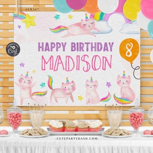 INSTANT DOWNLOAD, Caticorn Birthday Backdrop, Wall sign, Birthday Poster, Editable printable Wall Decoration EDITABLE Cat Unicorn #496