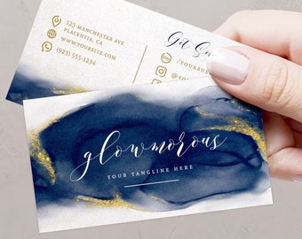 Watercolor Navy Blue and Gold Business Card Template (Digital Download)