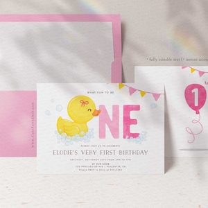 Rubber Ducky Girl birthday Party invitation, INSTANT DOWNLOAD EDITABLE Yellow Pink Rubber duck corjl invitation girly duckie invite 428