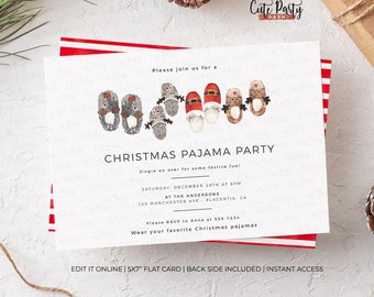 May include: A white invitation card with red and white stripes on the bottom. The card has a festive illustration of Christmas slippers and the text "Please join us for a Christmas Pajama Party". The text also includes the date, time, and location of the party. The card says "Wear your favorite Christmas pajamas".