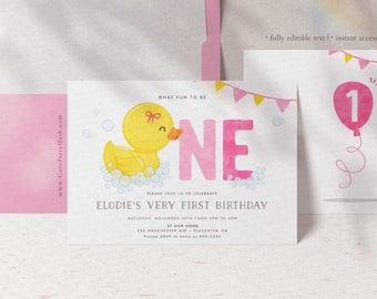 Rubber Ducky 1st Birthday Invitation: Pink & Yellow Girl Party (Editable, Digital Download)