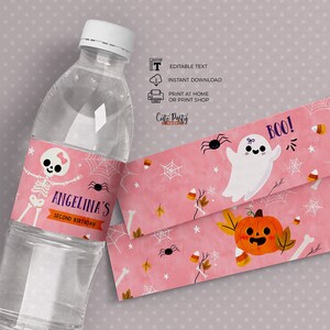 Rosa Halloween-etiketter för vattenflaskor: Festgåvor, födelsedagsinbjudningar (digital nedladdning) bild 1