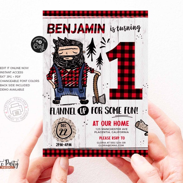 Doddle Lumberjack First Birthday Party invitations, Buffalo Plaid Lumberjack Printable Birthday Invite, INSTANT DOWNLOAD EDITABLE Invite 391