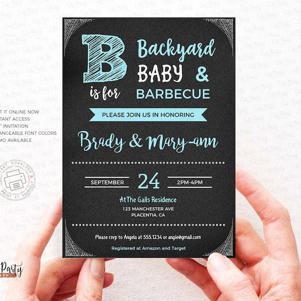 INSTANT DOWNLOAD, BBQ Baby Shower invitation, Gender neutral Barbecue baby shower corjl Chalkboard baby-q editable digital download #223
