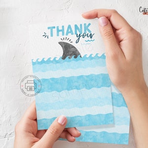INSTANT DOWNLOAD, Shark Birthday Party Bedankkaart Pool Party Shark Attack Birthday Party afdrukbare bedankbriefje, Aquarellen Shark 463