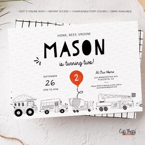 May include: A birthday invitation for a boy named Mason turning two. The invitation features a black and white illustration of construction vehicles and a red balloon with the number two. The text on the invitation reads "Honk, Beep, Vroom Mason is turning two! September 26 2PM to 4PM At Our Home 123 Manchester Ave Placentia, CA Please RSVP to Maria at 555.1234 or masonkhom@gmail.com"