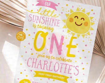 EDITABLE You are my Sunshine Birthday invitation, Printable Sunshine first Birthday invite, Girl Pink and Yellow, INSTANT DOWNLOAD 481