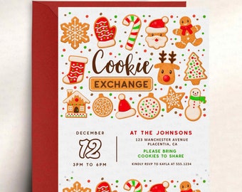 Pode incluir: Um convite branco com borda vermelha e um tema festivo de troca de biscoitos. O convite apresenta biscoitos de gengibre, incluindo um boneco de neve, Papai Noel, uma rena e uma casa de gengibre. O texto diz "Troca de biscoitos" e inclui a data, hora e local do evento.
