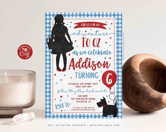 May include: A blue and white gingham patterned invitation for a 6th birthday party. The invitation features a silhouette of Dorothy from the Wizard of Oz, a red balloon with the number 6, and a black and white dog. The text on the invitation reads "Join us for an adventure to Oz as we celebrate Addison turning 6".