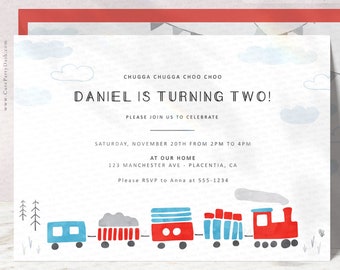 Train 2nd Birthday Invitation, Minimalist Printable (Editable)