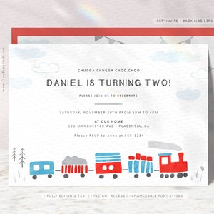 EDITABLE Chugga Chugga Choo choo Train Birthday Party invitation, Second Birthday two two train clean minimalist corjl printable invite 534